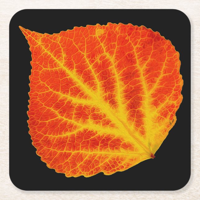 Red & Yellow Aspen Leaf #10 Square Paper Coaster (Front)