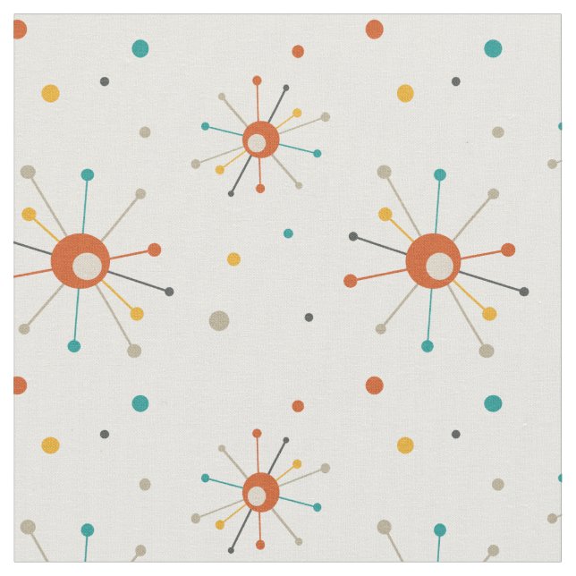 Red Yellow Atomic Starbursts Mid Century Pattern Fabric (Close Up)