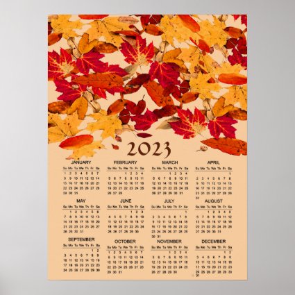  Red Yellow Autumn Leaves 2023 Calendar Poster