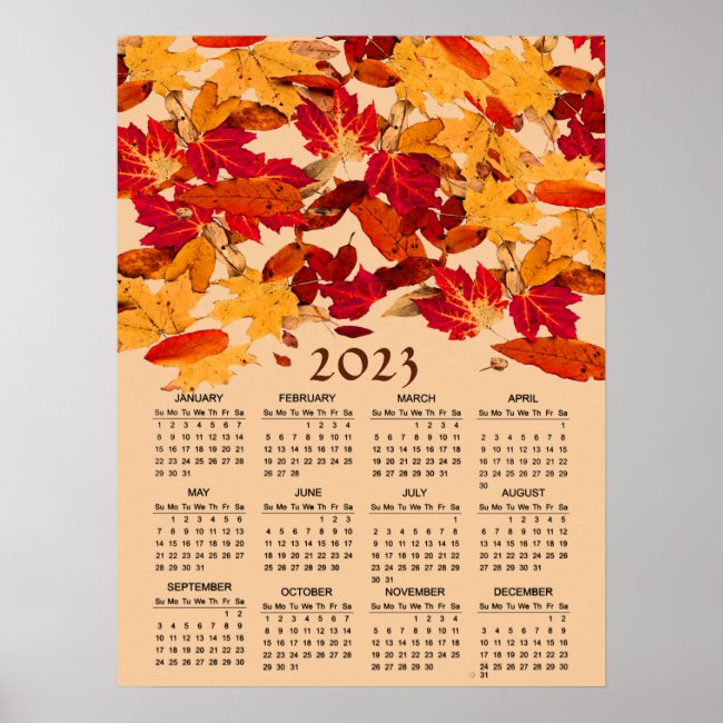  Red Yellow Autumn Leaves 2023 Calendar Poster