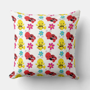 RED & YELLOW BABY BUGS & FLOWERS THROW PILLOW
