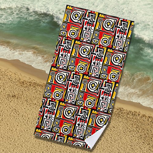 Red Yellow Black Abstract African Tribal Geometric Beach Towel