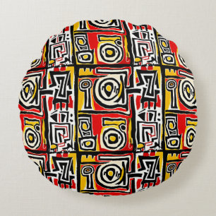 Red Yellow Black Abstract African Tribal Geometric Round Pillow