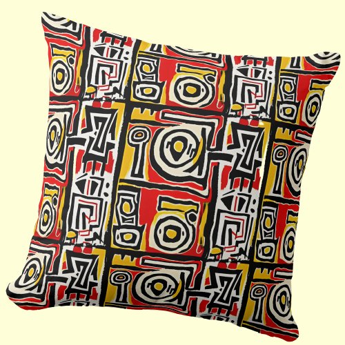 Red Yellow Black Abstract African Tribal Geometric Throw Pillow