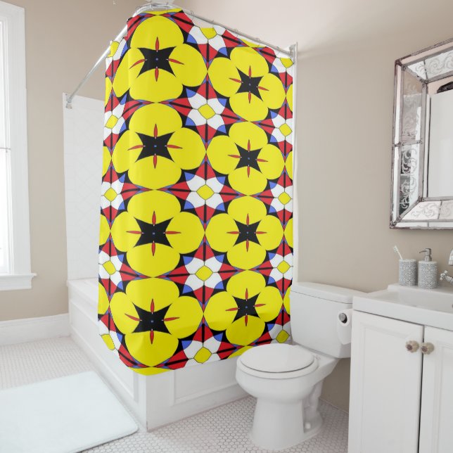 Red, Yellow, Black and Blue Floral kaleidoscope Shower Curtain (In Situ)