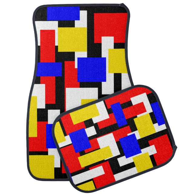 Red, Yellow, Black and Blue Geometric Blocks  Car Floor Mat (Set)