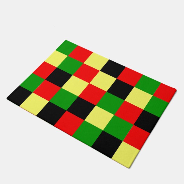 Red, Yellow, Black and Green Checkers Doormat (Angled)