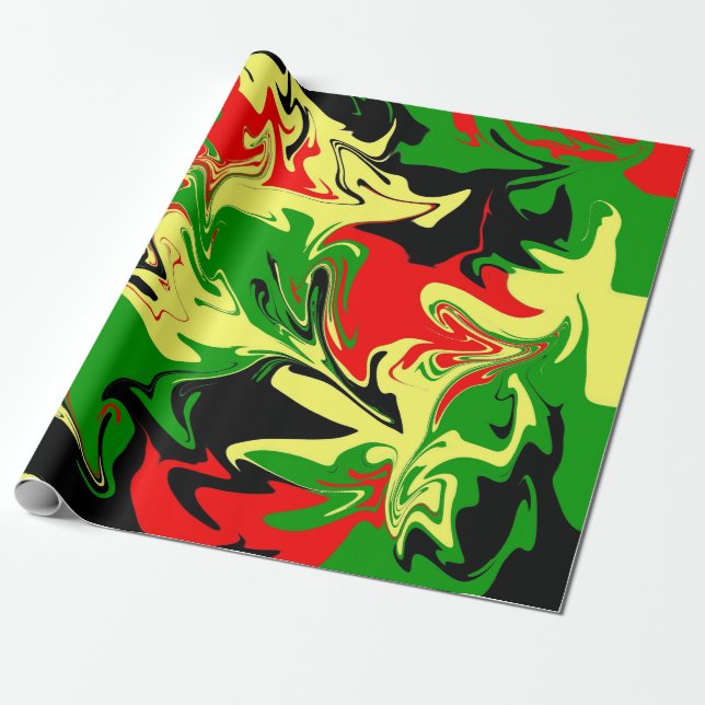 Red, Yellow, Black and Green Swirls Wrapping Paper (Unrolled)
