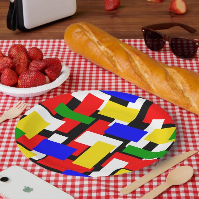 Red, Yellow, Black, Blue and Green Blocks Paper Plates (Picnic)
