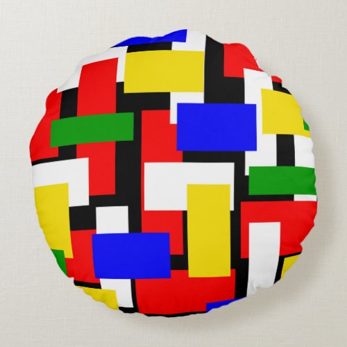 Red Yellow Black Blue and Green Blocks Round Pillow
