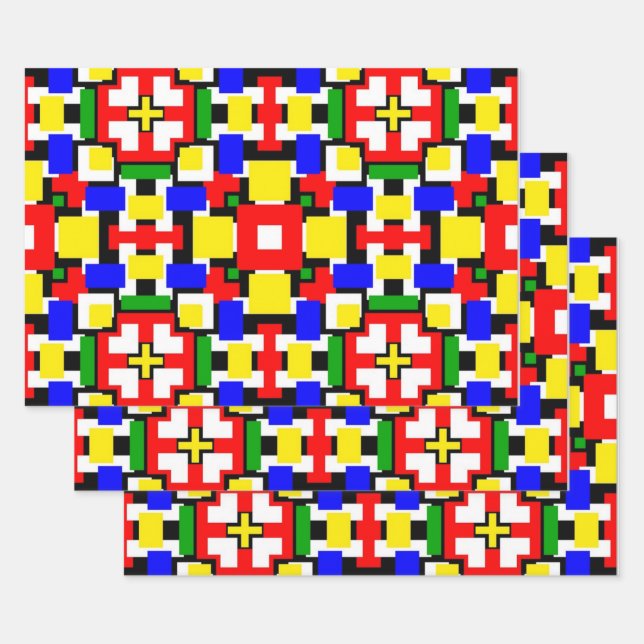 Red, Yellow, Black, Blue and Green Geometrics  Wrapping Paper Sheets (Set)