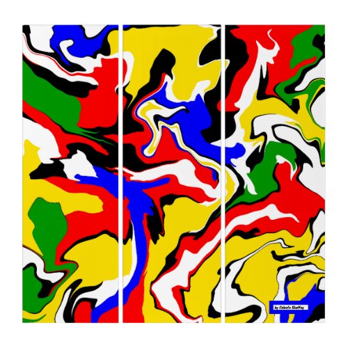 Red Yellow Black Blue and Green Swirls  Triptych