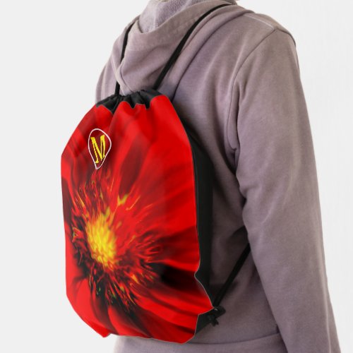 RED YELLOW BLACK BRIGHT SMEARED FLOWER INITIAL DRAWSTRING BAG