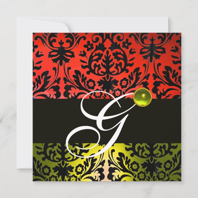 RED YELLOW BLACK DAMASK MONOGRAM Topaz Invitation (Front)