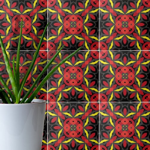 Red Yellow Black Ethnic Arabesque Mosaic Boho Chic Ceramic Tile