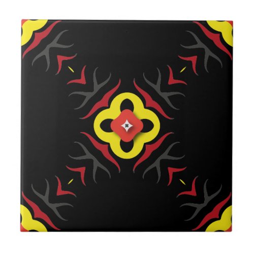 Red Yellow Black Grey Ethnic Abstract Geometric Ceramic Tile