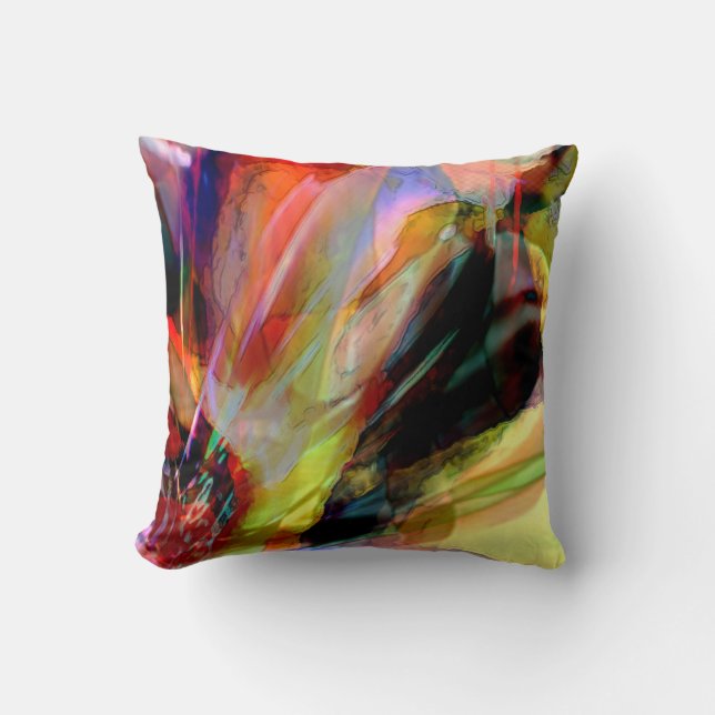 Red, Yellow, Black Surrealistic Flower Design Throw Pillow (Front)