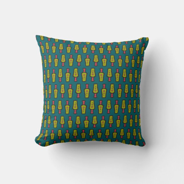 Red, Yellow, Black, Tribal on Teal Pillow, Cushion (Front)