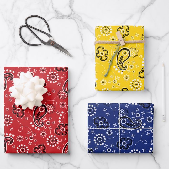 Red Yellow Blue Bandana Classic Pattern Fun  Wrapping Paper Sheets (Front)
