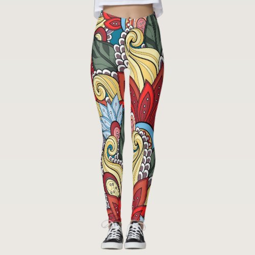 Red Yellow Blue Green Flowers And Swirl Leggings