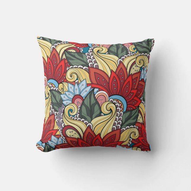 Red Yellow Blue Green Flowers And Swirl Throw Pillow (Front)