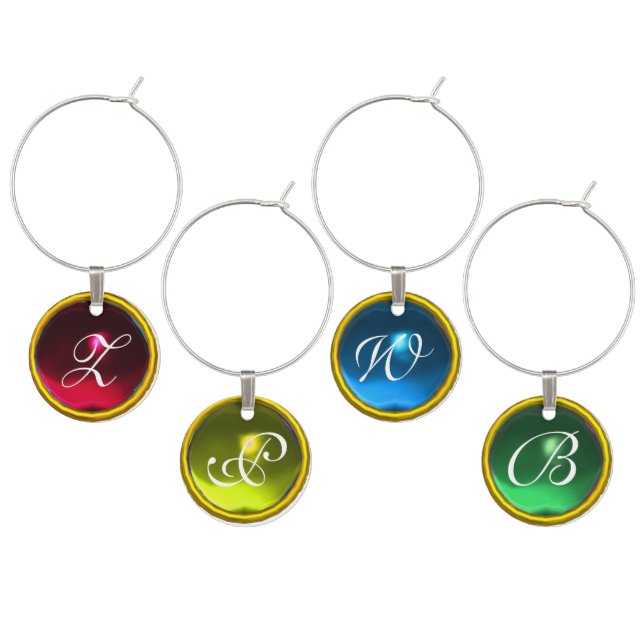 RED,YELLOW ,BLUE,GREEN GEMSTONES MONOGRAM WINE CHARM (Staggered)