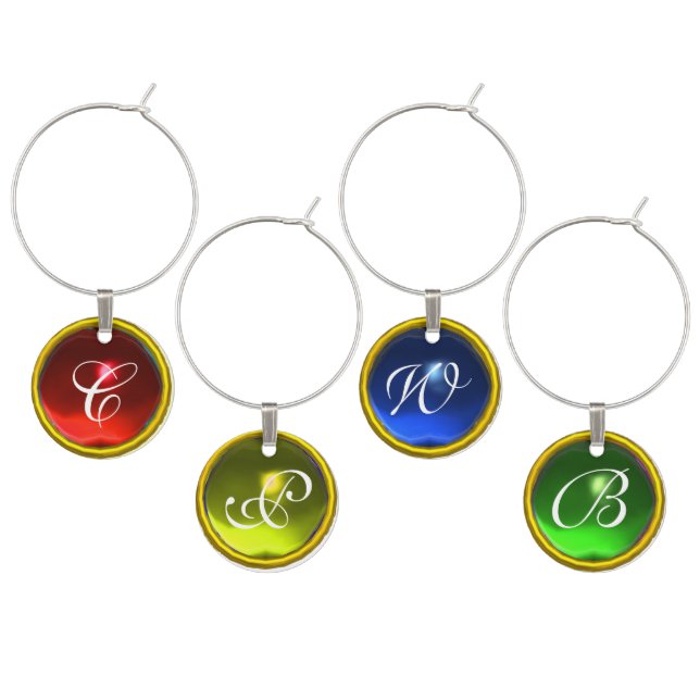RED,YELLOW ,BLUE,GREEN GEMSTONES MONOGRAM WINE GLASS CHARM (Staggered)