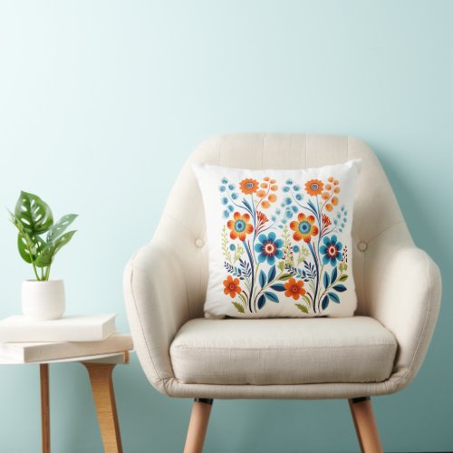 Red Yellow Blue Green Retro Vintage Floral Flowers Throw Pillow