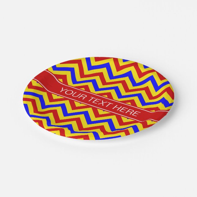 Red, Yellow, Blue LG Chevron Red Name Monogram Paper Plates (Angled)