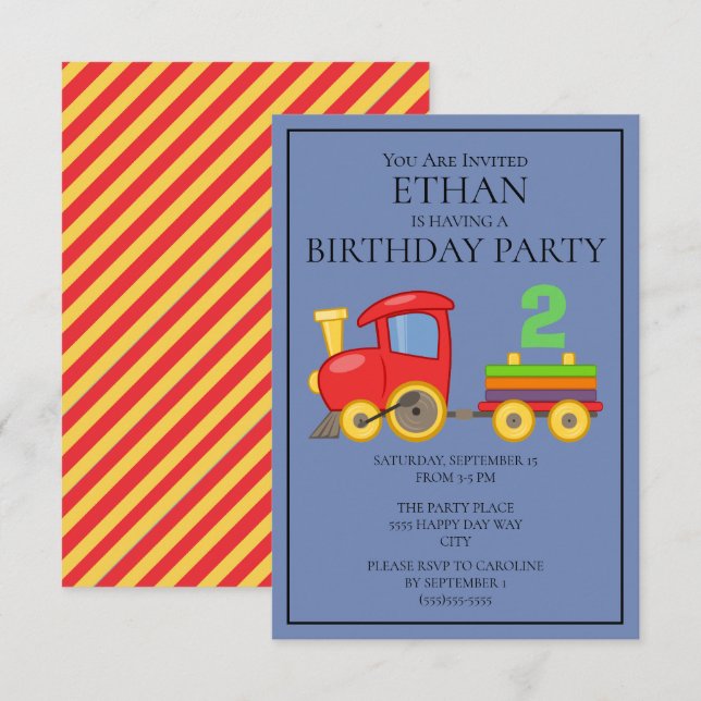Red Yellow Blue Train Child's 2nd Birthday Party Invitation (Front/Back)