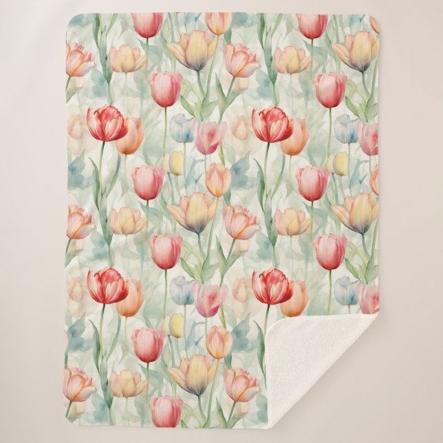 Red Yellow Blue Tulip Flowers Sherpa Blanket (Front)