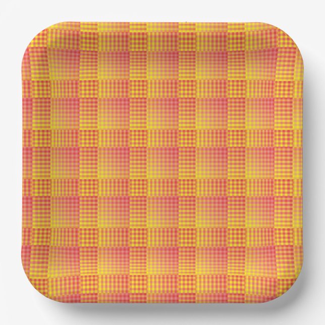Red Yellow Checker Abstract Pattern Paper Plates (Front)