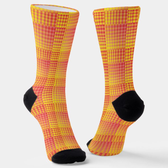 Red Yellow Checker Abstract Pattern Socks (Angled)