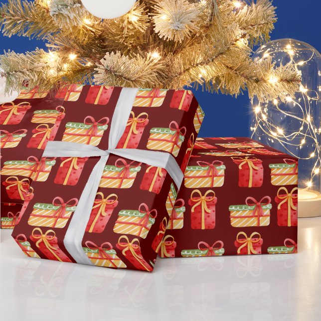 Red,Yellow Christmas Gifts Dark Red Wrapping Paper (Holidays)