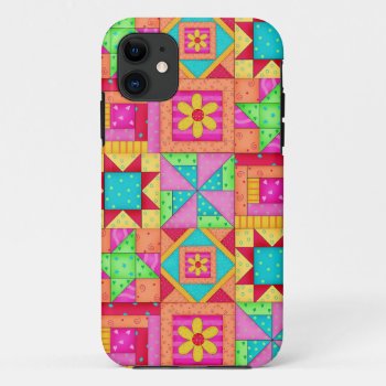 Red Yellow Colorful Patchwork Quilt Art Iphone 11 Case by phyllisdobbs at Zazzle