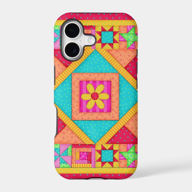 Red Yellow Colorful Patchwork Quilt Art Iphone Case (Back)