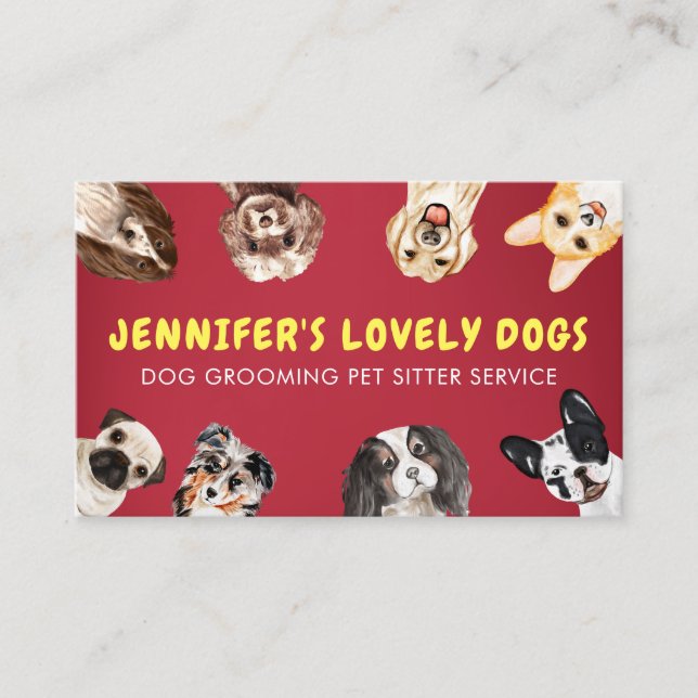 Red Yellow Cute Small Size Dogs Pet Sitter Business Card (Front)