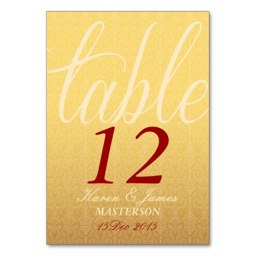 Red & Yellow Damask  Wedding Table Number Card