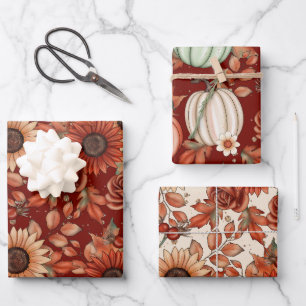 RED & YELLOW FALL SUNFLOWERS & AUTUMN PUMPKINS WRAPPING PAPER SHEETS