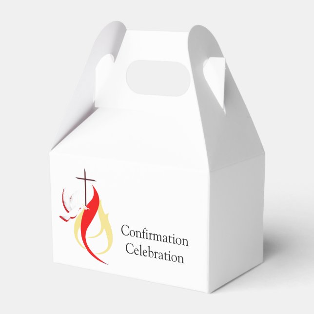 Red Yellow Fire Dove Cross Confirmation Editable Favor Boxes (Front Side)