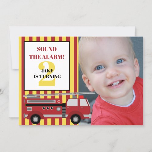 Red Yellow Firetruck Childs 2nd Birthday Photo In Invitation