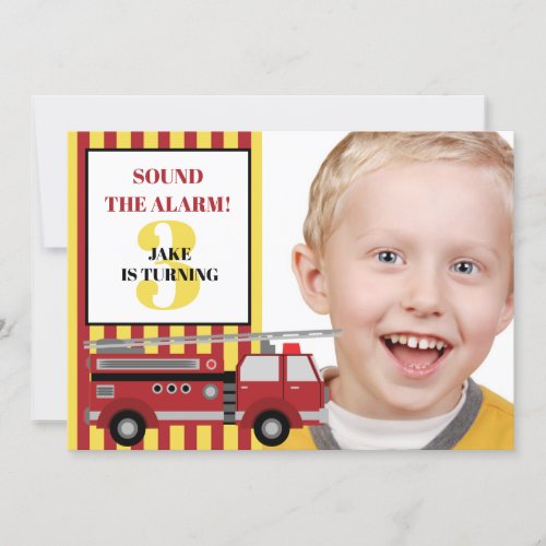 Red Yellow Firetruck Childs 3rd Birthday Photo Invitation