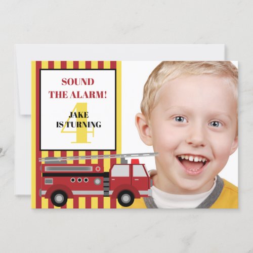 Red Yellow Firetruck Childs 4th Birthday Photo Invitation