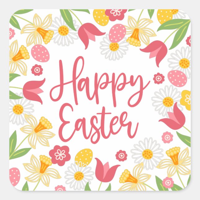 Red Yellow Floral Happy Easter  Square Sticker (Front)