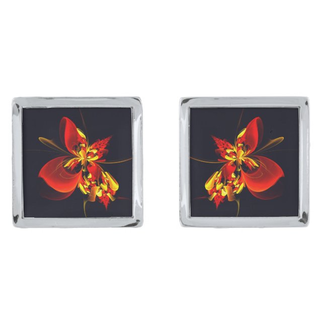 Red Yellow Floral Modern Abstract Art Pattern #10 Cufflinks (Front)