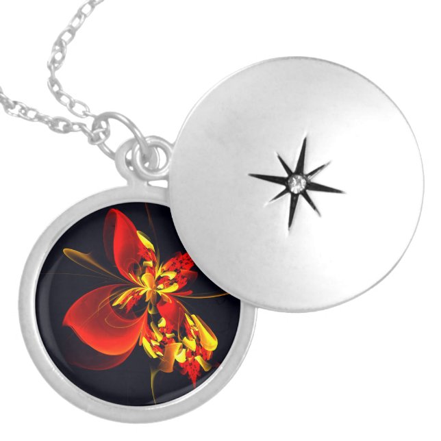 Red Yellow Floral Modern Abstract Art Pattern #10 Locket Necklace (Front)