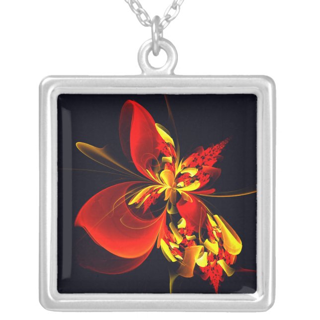 Red Yellow Floral Modern Abstract Art Pattern #10 Silver Plated Necklace (Front)