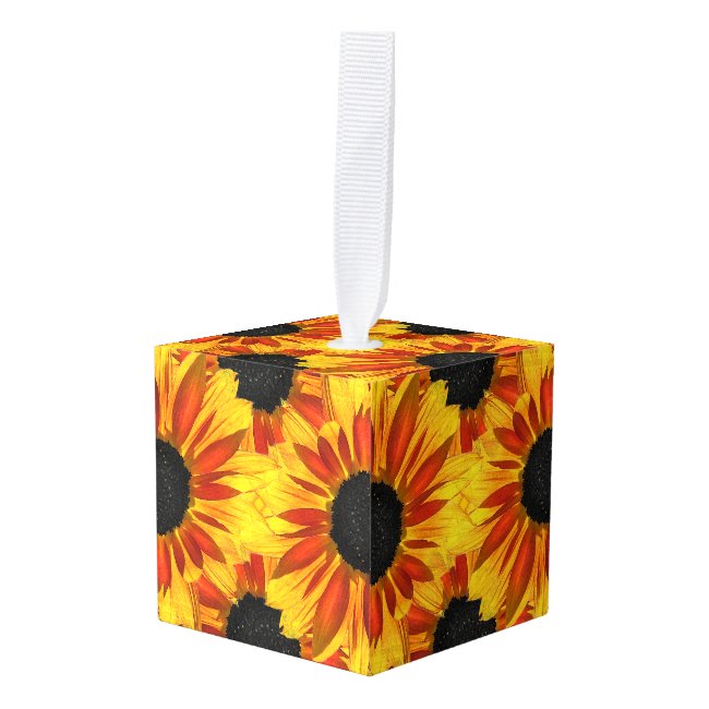 Red Yellow Floral Sunflower Floral Cube Ornament