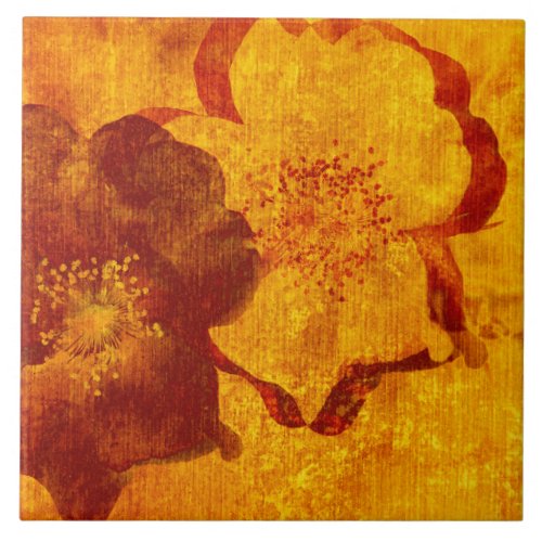 Red yellow flower grunge digital graphic art ceramic tile