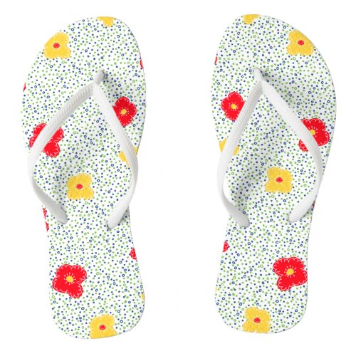 Red yellow flowers green blue circle polka dot flip flops